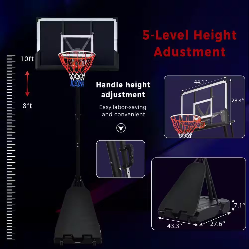 8 Ft. to 10 Ft. Black Metal Portable Basketball Hoop Height Adjustment with LED Lights