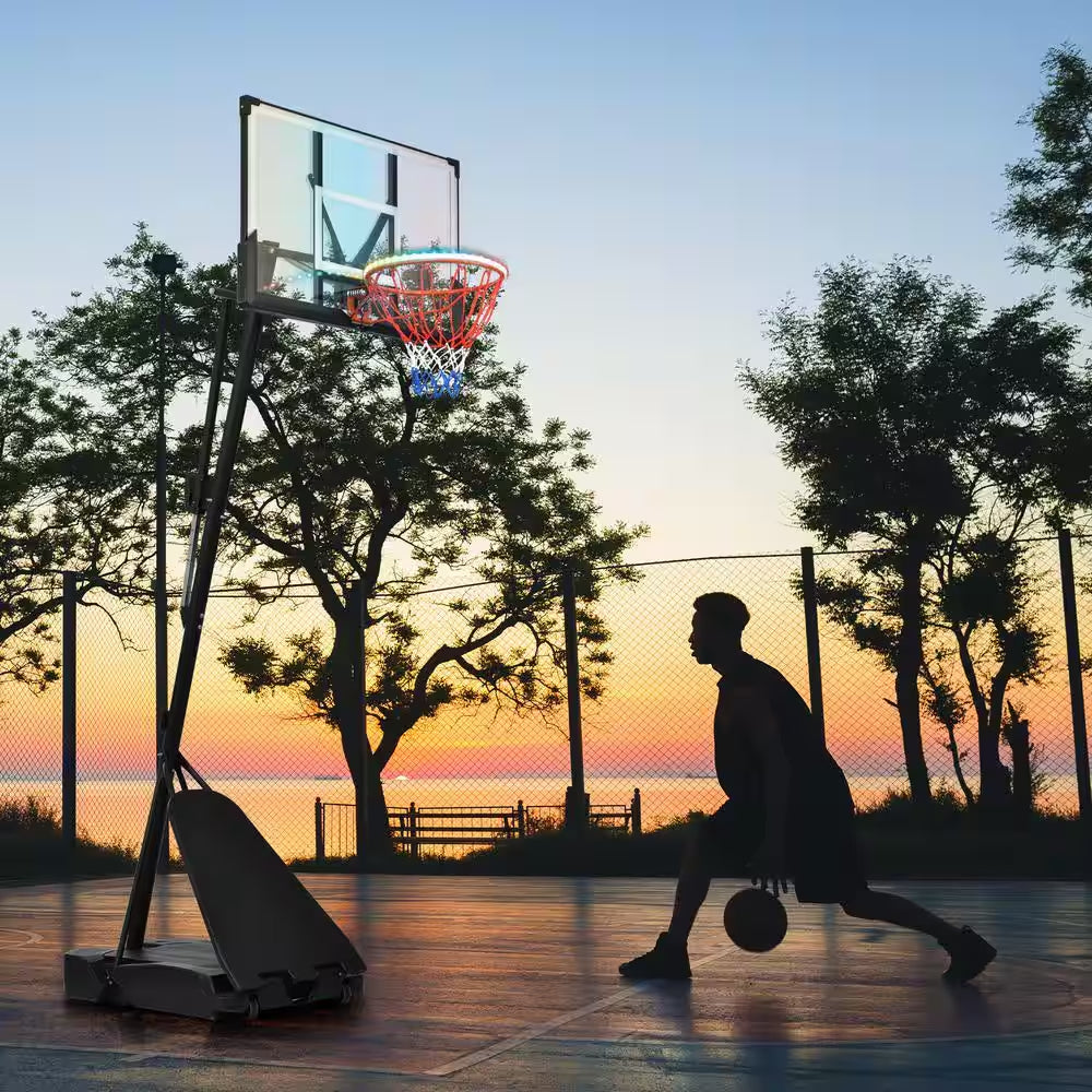 8 Ft. to 10 Ft. Black Metal Portable Basketball Hoop Height Adjustment with LED Lights